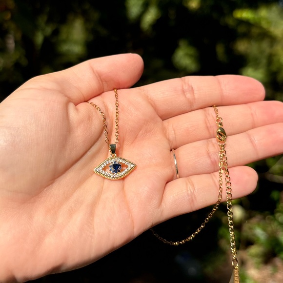 18K Gold Plated Diamond Evil Eye Necklace - Picture 8 of 9